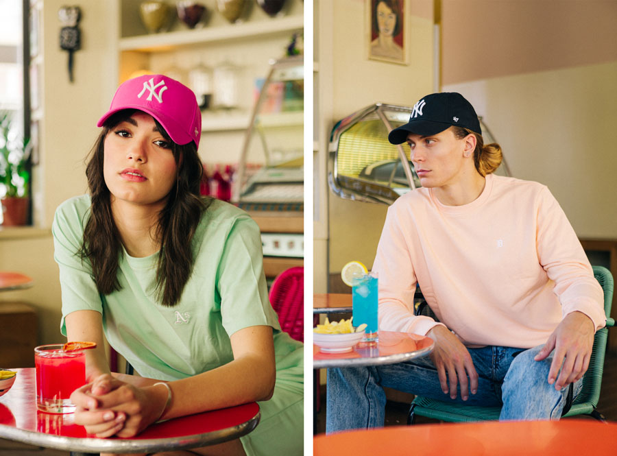 Total look 47 Brand for her and for him with NY curved visor caps and pastel colored apparel, worn by a girl and a boy