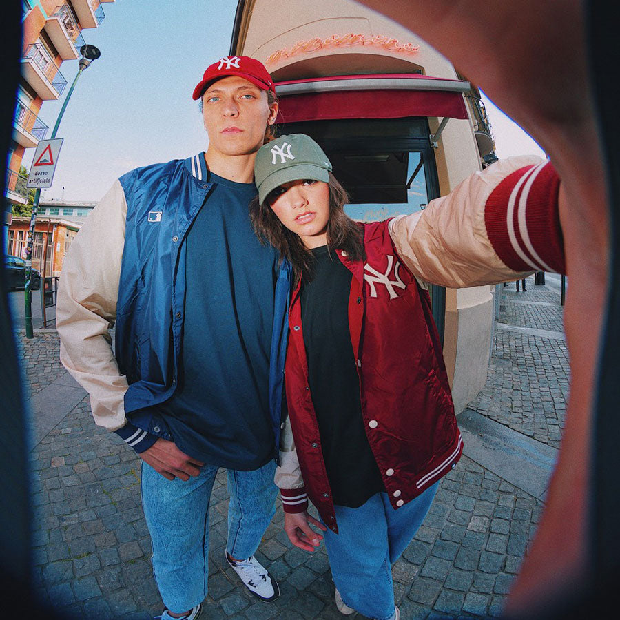 red or blue 47 brand college style varsity jacket in total street look combined with red or olive green 47 brand snapback caps