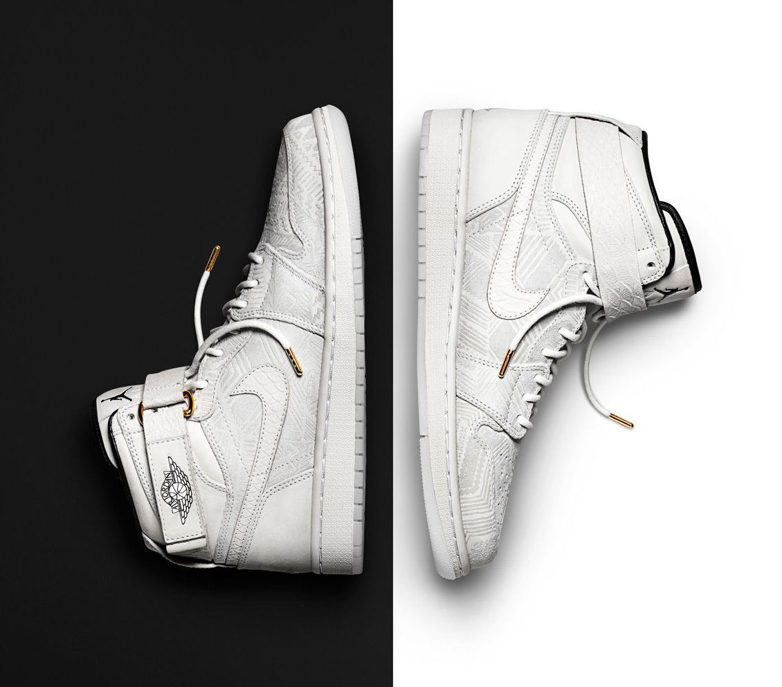 Pair of sneakers, Air Jordan 1 BHM x Don C, total white colorway with strap on the collar