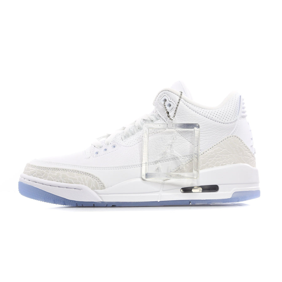 Nike Air Jordan 3 Retro Pure White sneaker in the total white colorway with leather inserts with elephant motif and semi-transparent ice blue outer sole