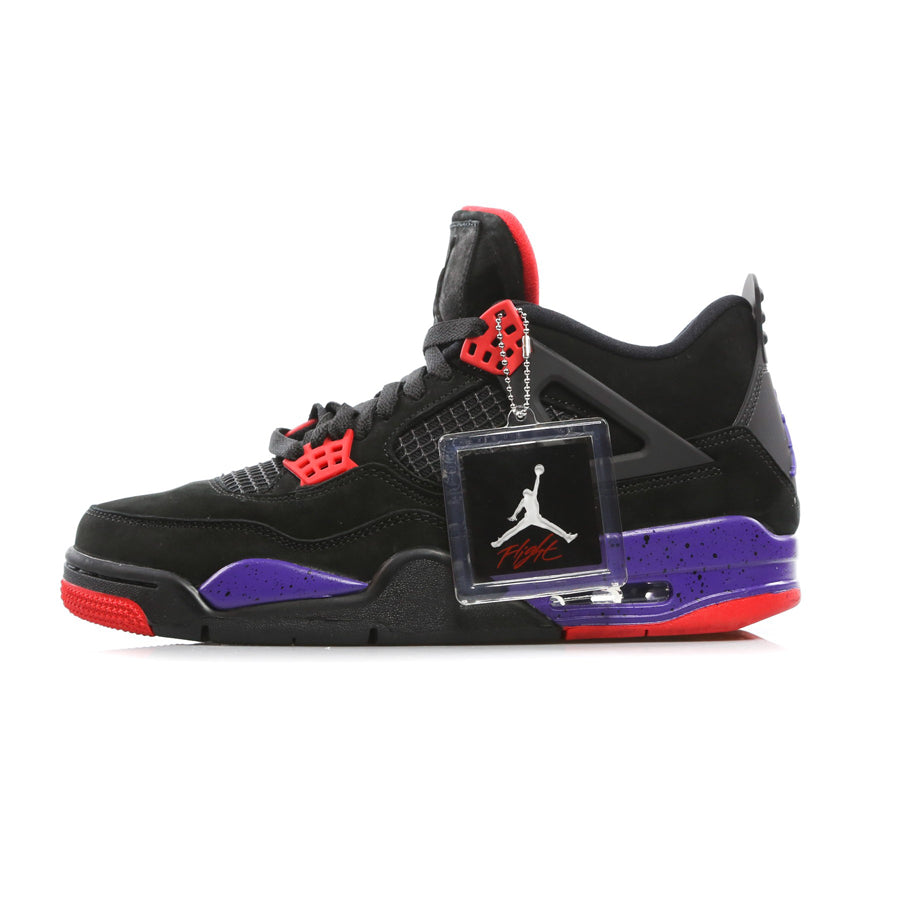 Sneaker Air Jordan 4 Retro Raptors colorway black, viola e rossa che omaggia la squadra nba dei Toronto Raptors