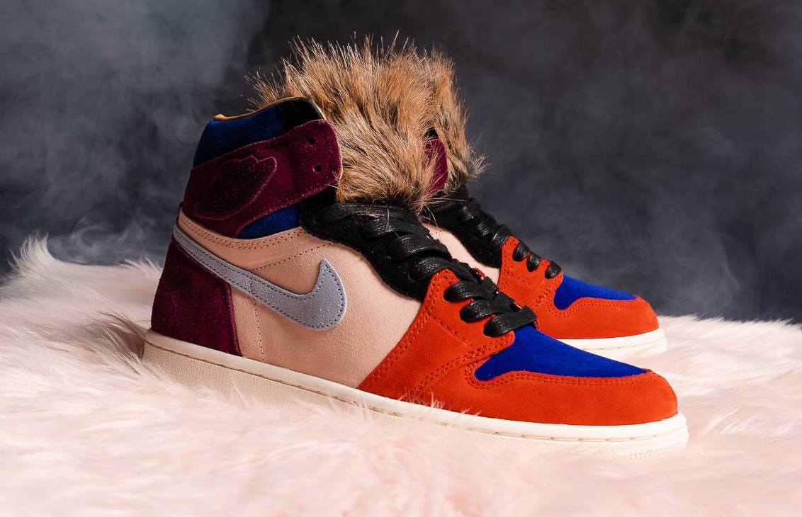 Pair of sneakers with fur on the tongue, WMNS Air Jordan 1 Retro high Court Lux x Aleali May