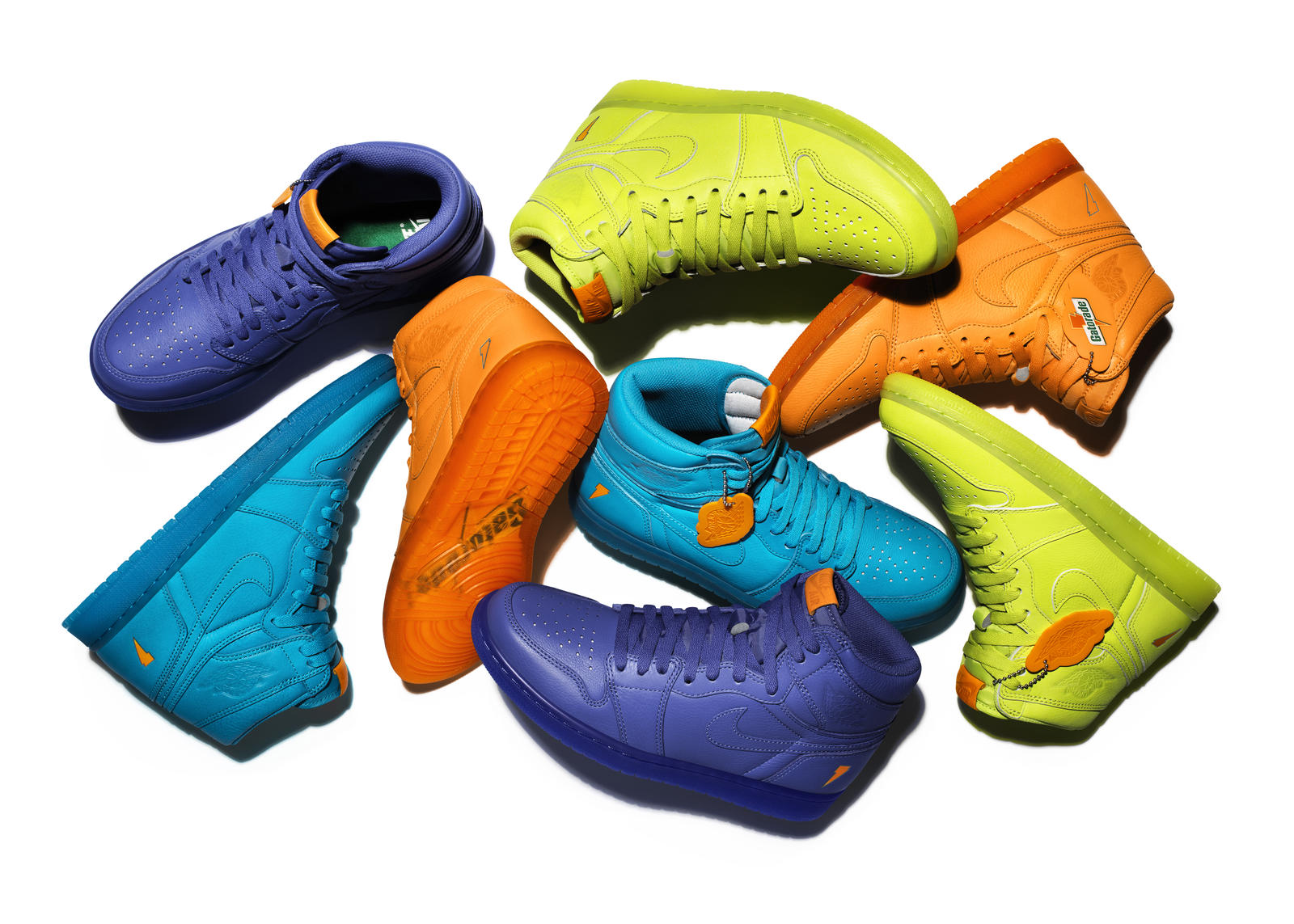 Sneakers pack di 4 paia, Air Jordan 1 High x Gatorade, 4 colorway in colori fluo: lime, orange, light blu e purple