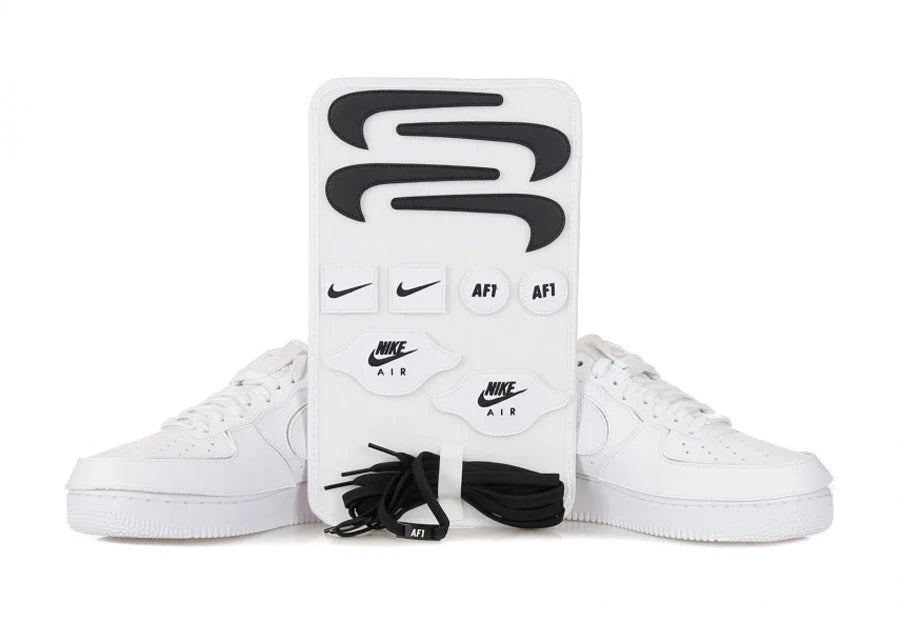Nike Air Force One of One Triple White total white sneakers with white velcro base and black replacement inserts