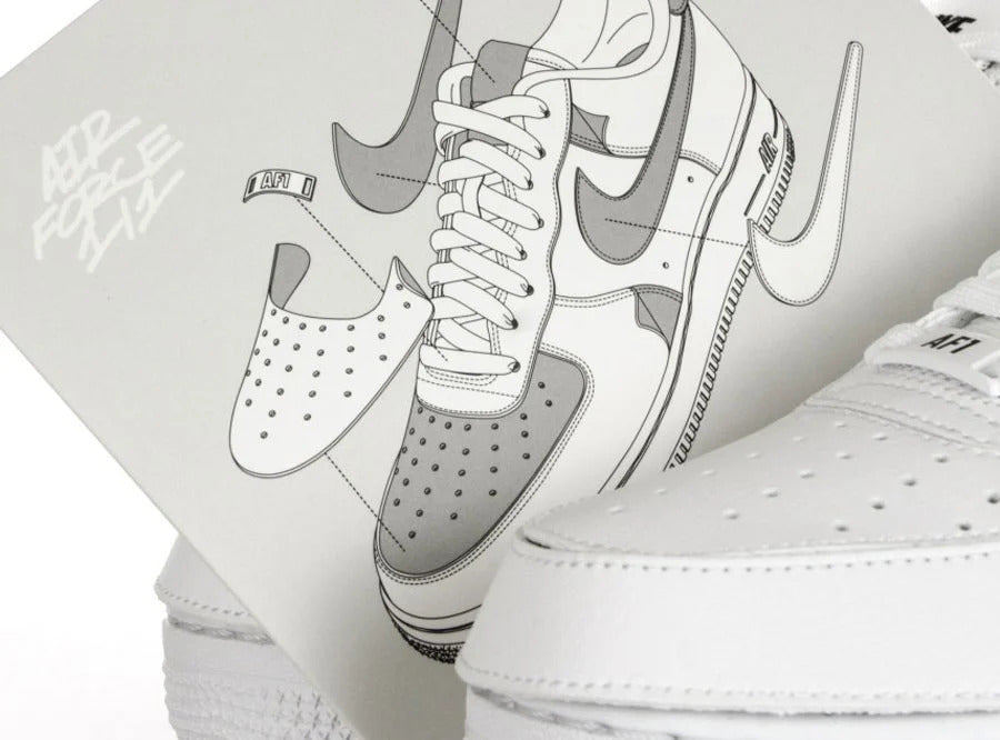 Cartolina illustrativa dei pannelli rimovibili tramite sistema a velcro inclusa in ogni box delle sneakers Nike Air Force One of One