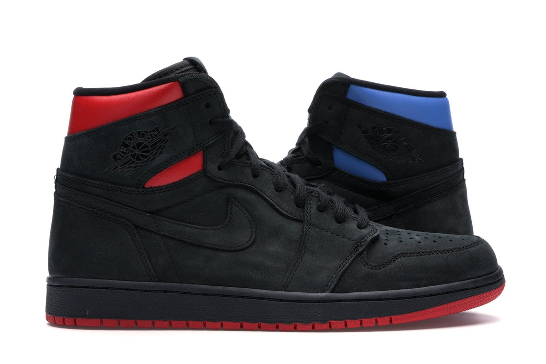 Pair of sneakers, Air JOrdan 1 x Quai 54, mismatched colorway based on black suede with red details for the right shoe and blue for the left