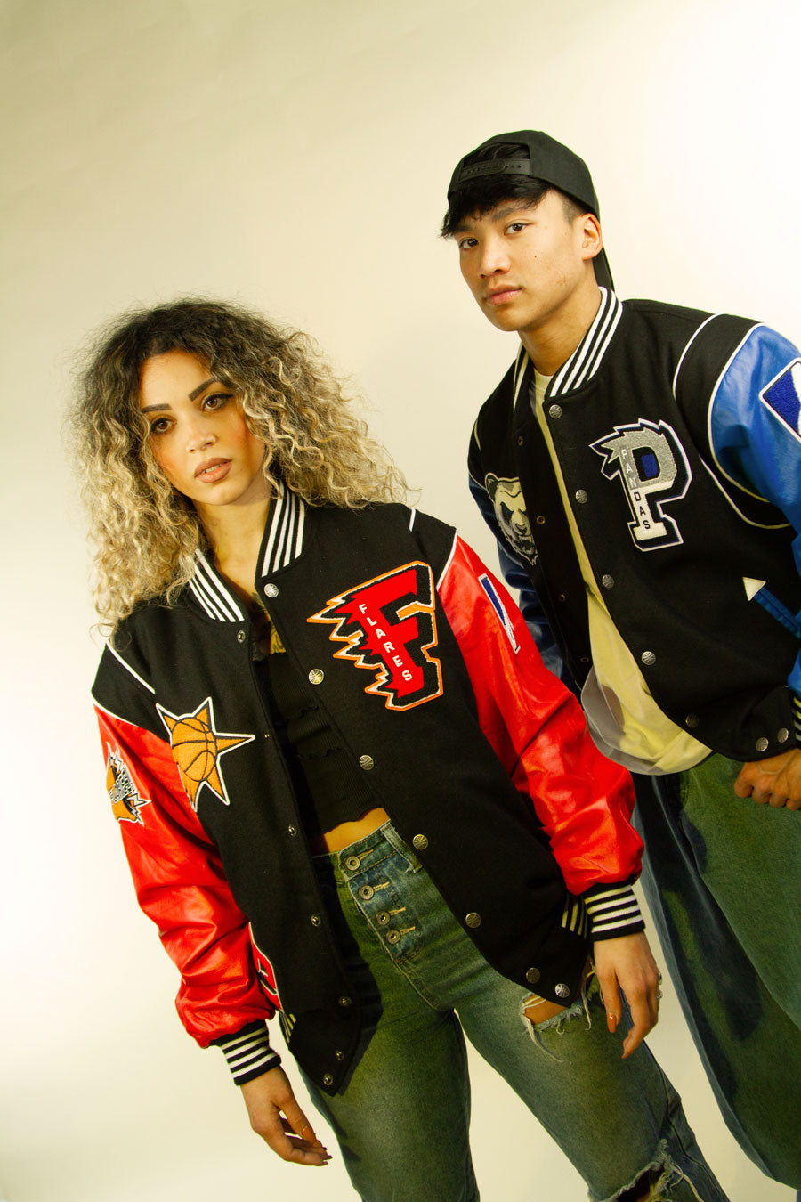 atypical pandas and the playoffs flares mvp varsity jackets, blue colorway for the pandas and red for the flares