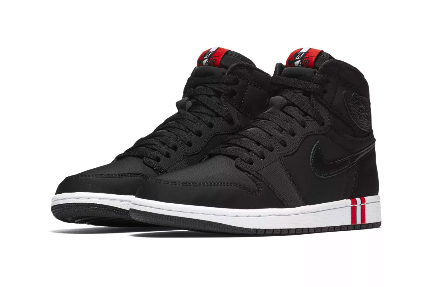 Pair of sneakers, Air Jordan 1 Retro High x Paris Saint-Germain, total black colorway high shoes with vertical red/white stripes detail on the sole and tongue