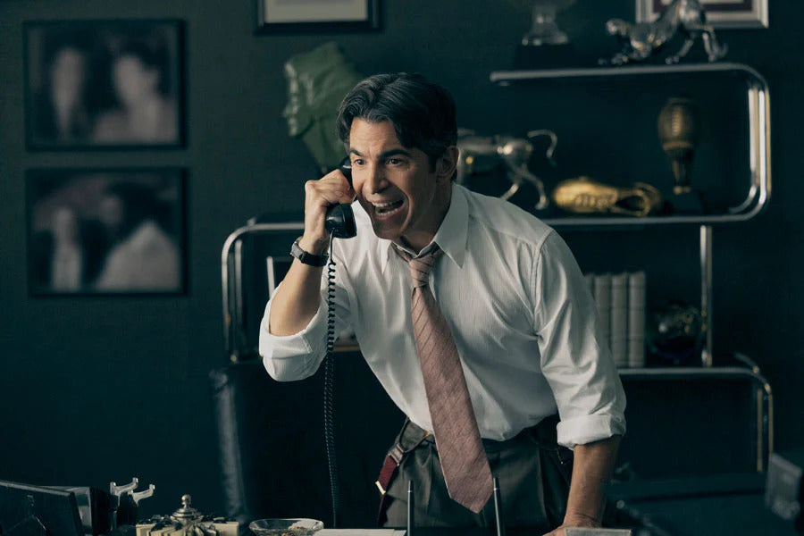Scene from the movie Air: The Story of the Big Leap in which David Falk, Michael Jordan's agent, played by Chris Messina, shouts into the phone