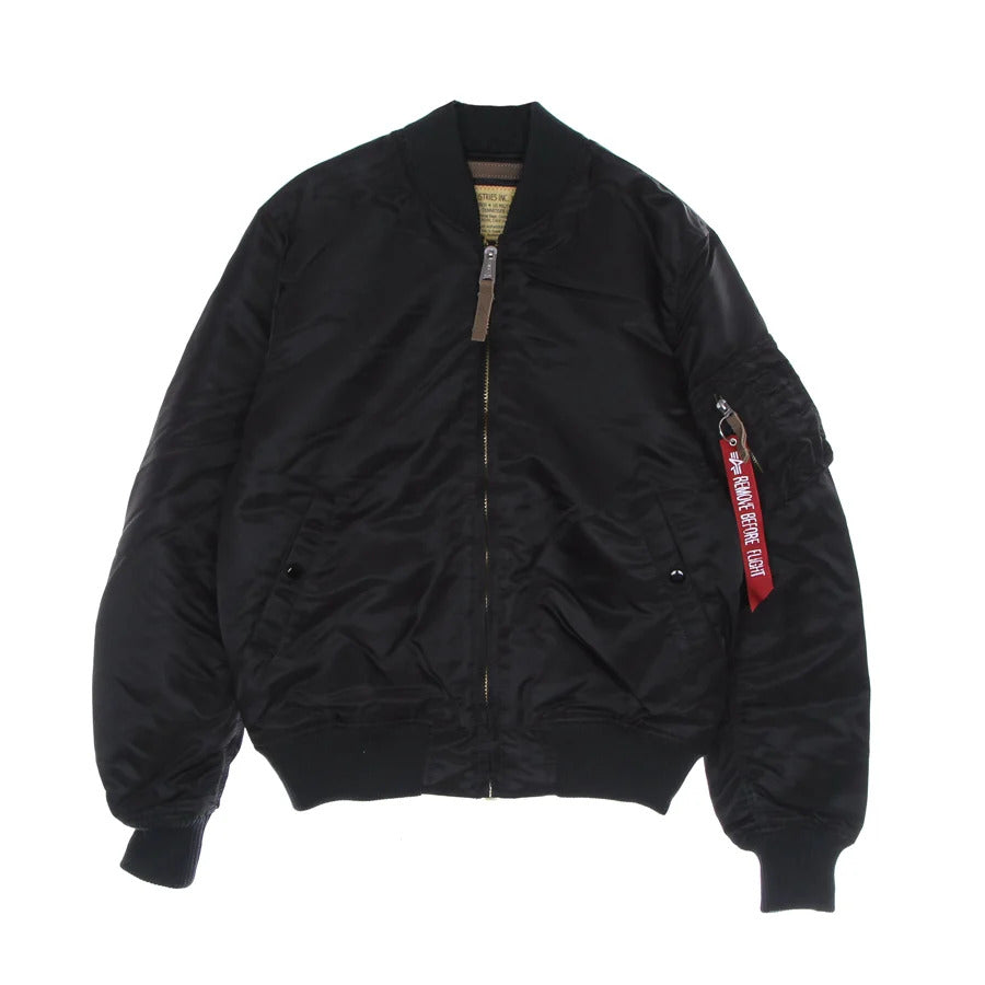 all black heavy winter bomber jacket Alpha Industries MA-1 VF 59 with iconic red strap on side arm zip