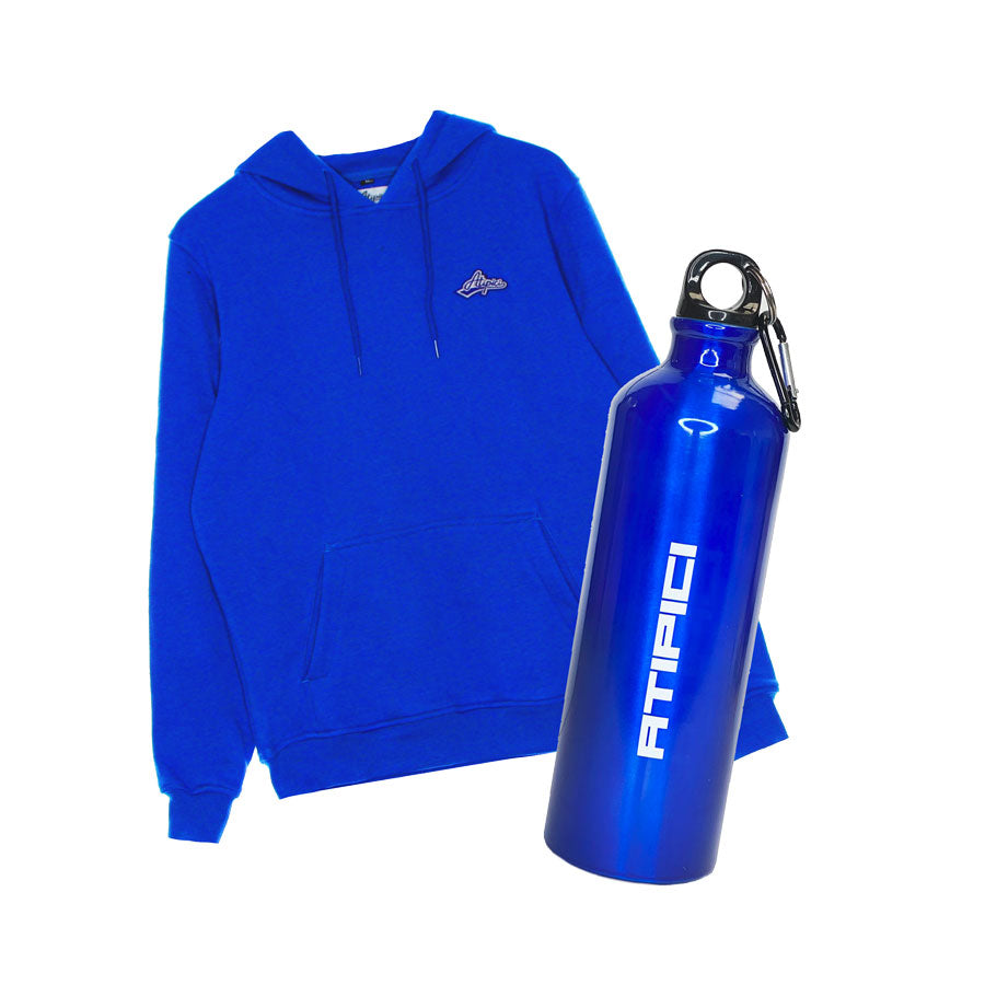 Atipici electric blue winter hoodie sweatshirt and water bottle in the same blue with Atipici 2.0 logo
