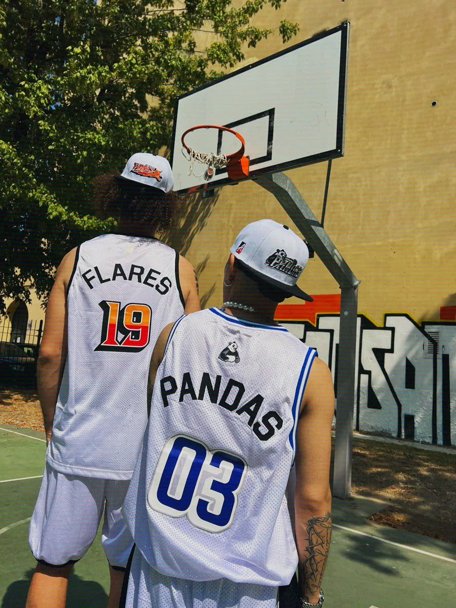 white basketball jersey uniforms summer edition of the first drop atypical pandas vs the playoffs flares with team name hot-stamped on the back and players number of the year of foundation of atypical and the playoffs