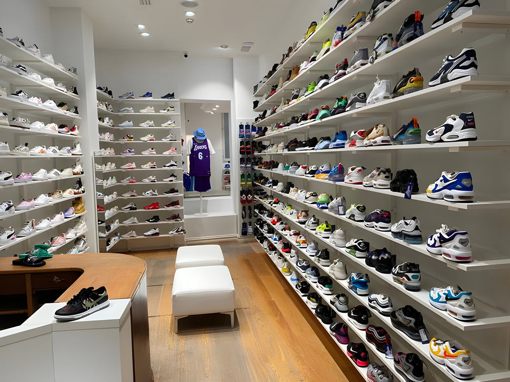 Sneakers wall with sneakers, skate, running and lifestyle shoes from the top street brands inside the Atipici Shop Bologna store in via Clavature 14
