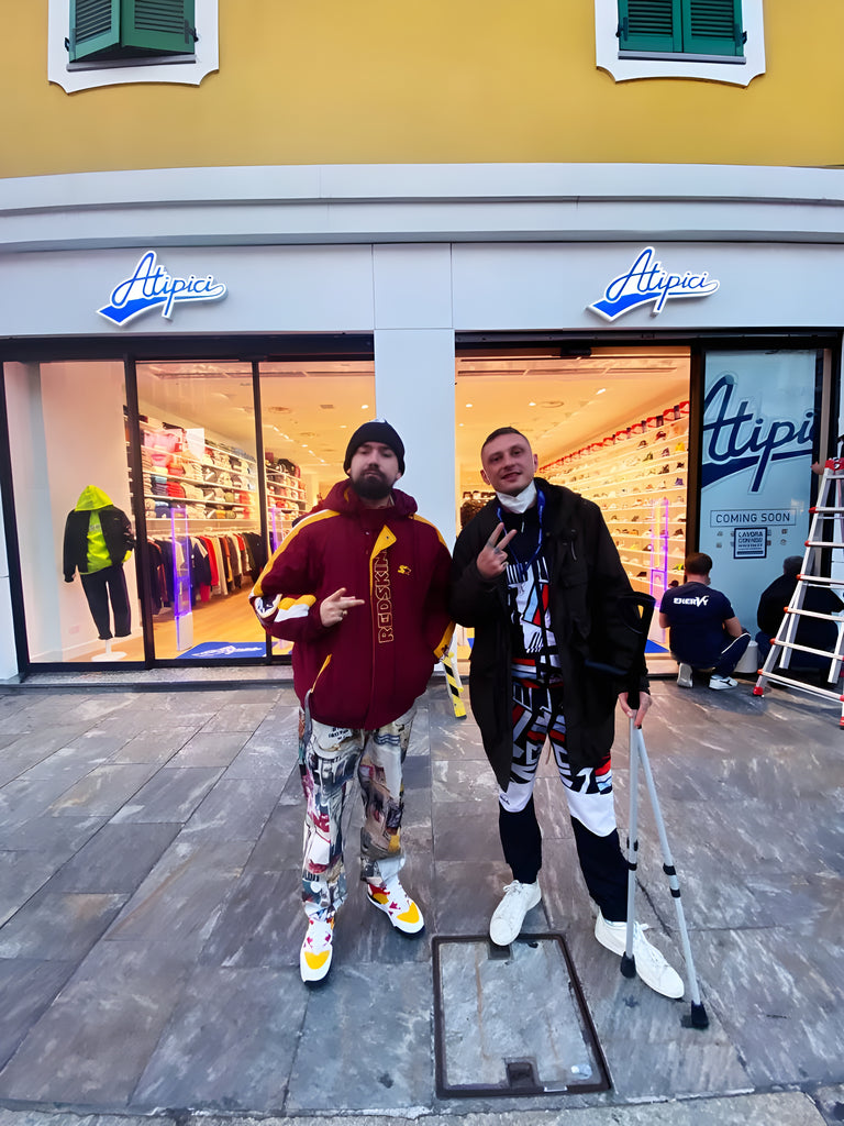 Inoki Ness Milanese rapper and Ricko Swharz influencer outside Atipici Shop Milano in Corso Buenos Aires 25 during the inauguration of the store