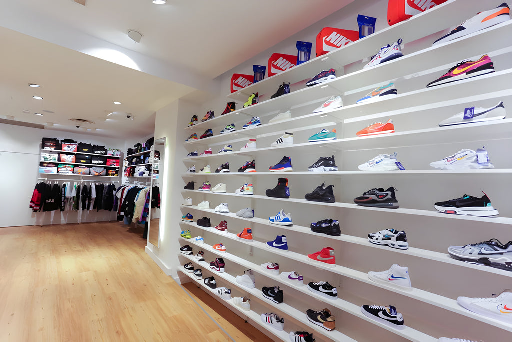 sneakers wall with selection of Nike, Adidas, Puma, Asics sneakers and many others of the top footwear brands inside the Atipici Shop Mialno store in Corso Buenos Aires 25