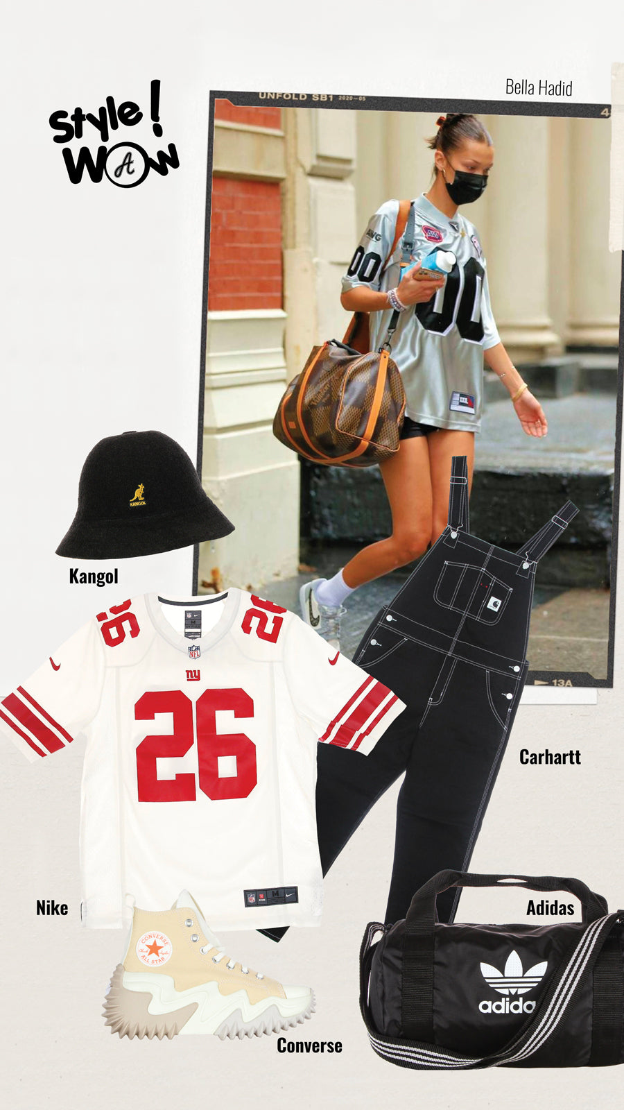 Street outfit inspired by the style of Bella Hadid wearing NFL jersey, consisting of a white and red Nike NFL New York Giants game jersey, black Kangol bucket hat, black denim overalls with white stitching and Converse Run Star high-top sneakers Motion with wave sole