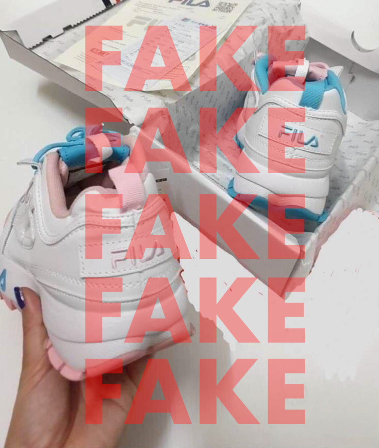 Fake sneakers Disruptor Fila x Atipici non originali, dettaglio del falso della colorway The Candy Shop