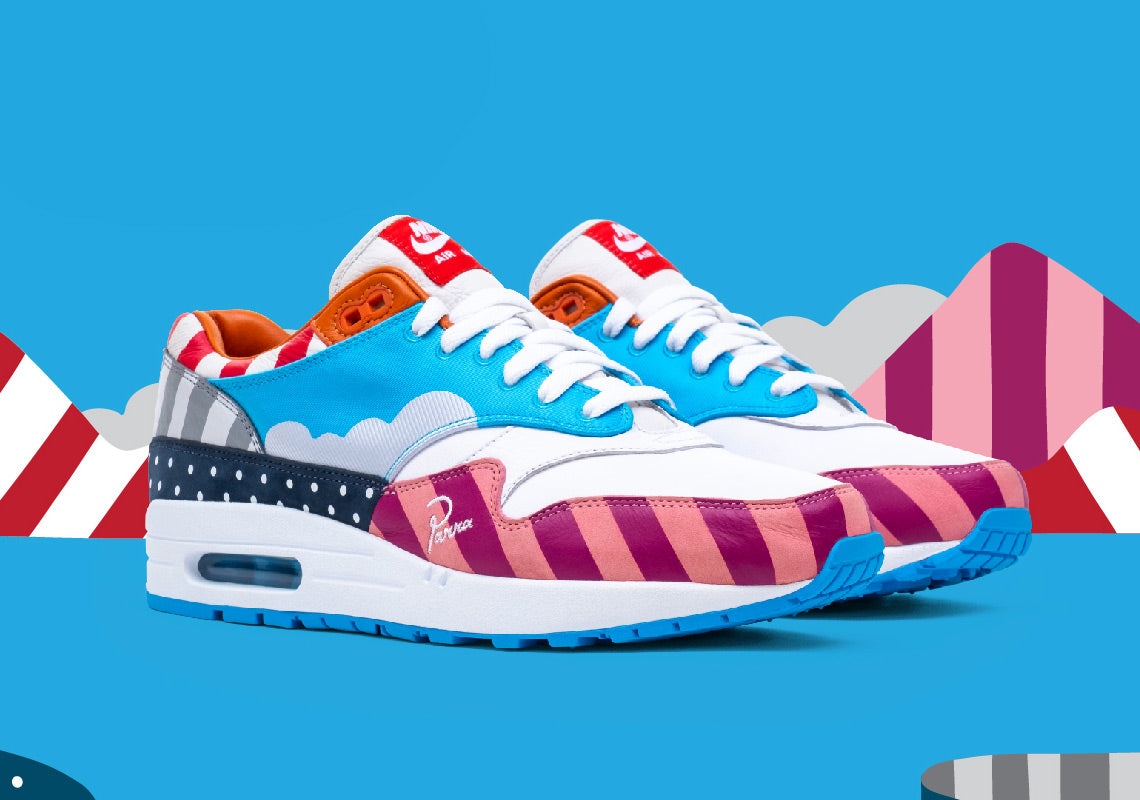 Limited edition of ultra rare Nike x Parra Air Max 1 sneakers with multi colorway pattern in the version intended for friends and family