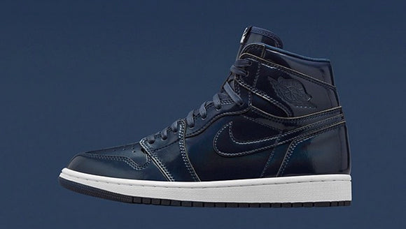 High sneaker, Air Jordan 1 x Dover Street Market, dark blue colorway with black reflections, shiny patent leather