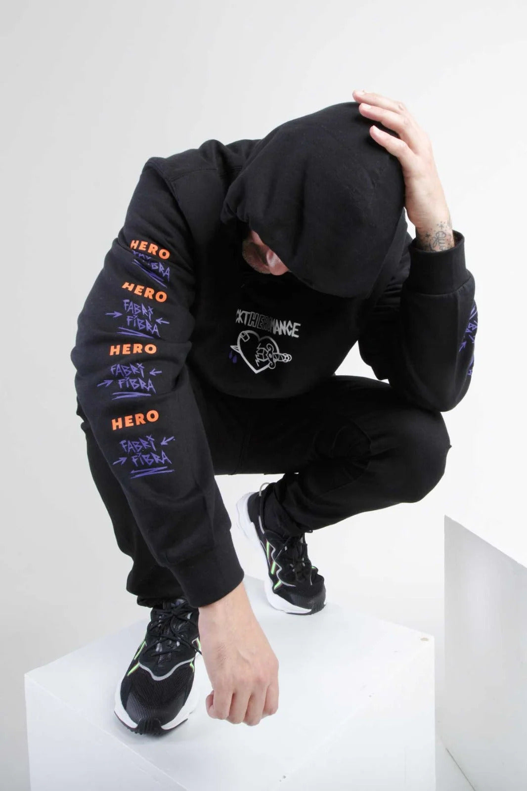 Black sweatshirt from Fabri Fibra x Hero's Heroine Fucktheromance capsule