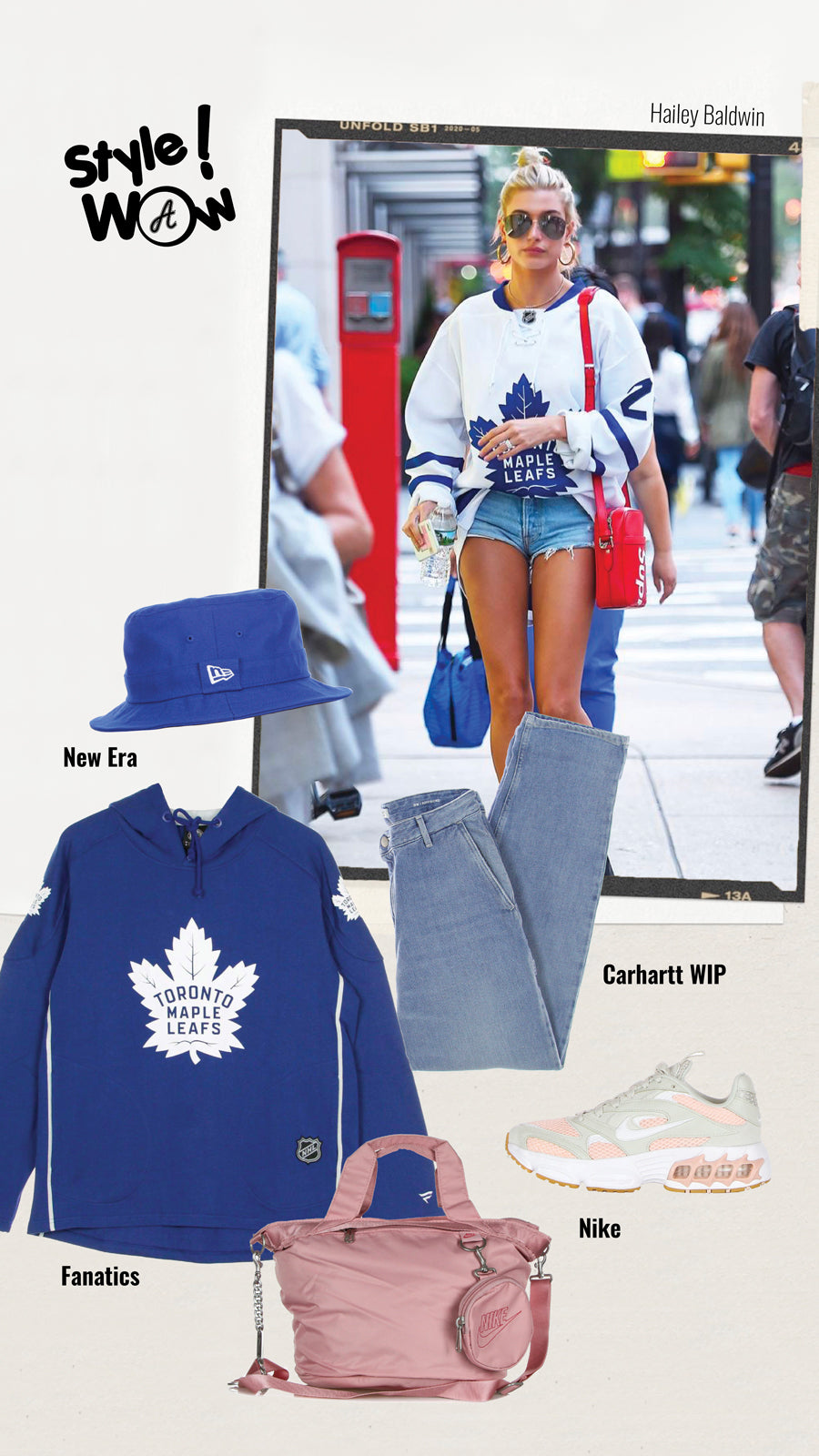 Street outfit inspired by the style of Hailey Bieber wearing an NHL game jersey, consisting of a blue hoodie from the Toronto Maple Leafs hockey team, long light blue jeans, a blue New Era flat bucket hat and metallic gray Nike Air Fire running sneakers and pink