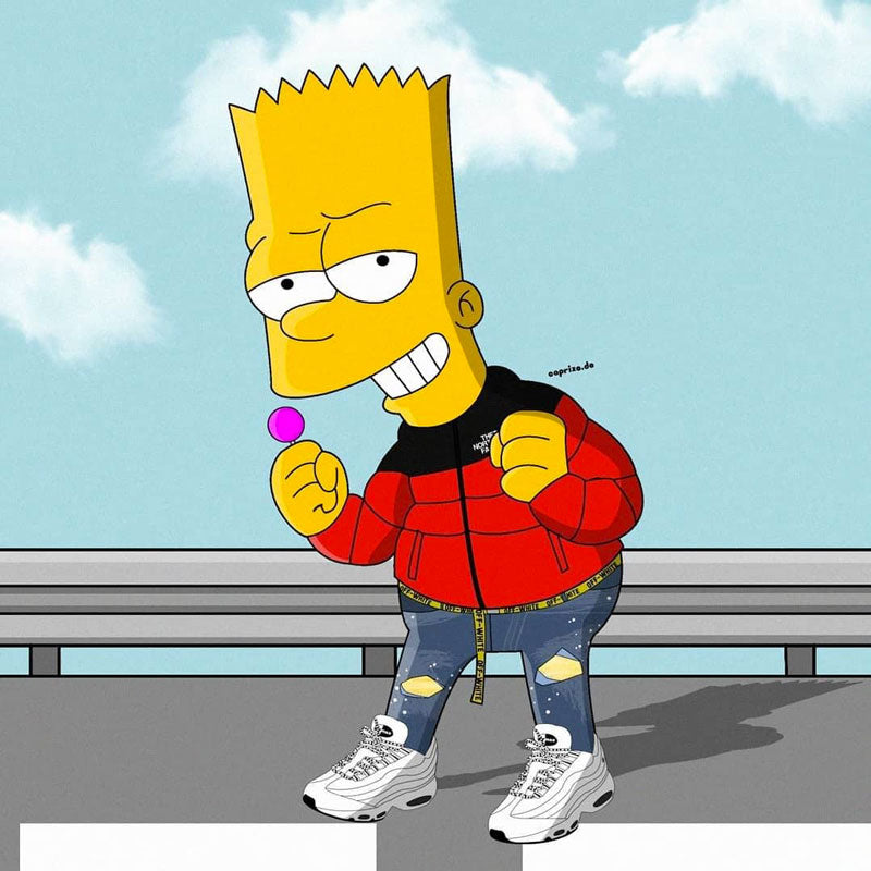 Barte from The Simpsons in Hypebeast version dressed in streetwear clothing, red and black The North Face down jacket, tight jeans trousers torn at the knees and silver Air Max 97 Silver Bullet sneakers