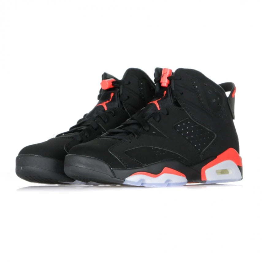 Pair of Air Jordan 6 Retro "Black Infrared" basketball sneakers, Black/Infrared colorway, the tone of red developed by Nike for some of its most successful shoes