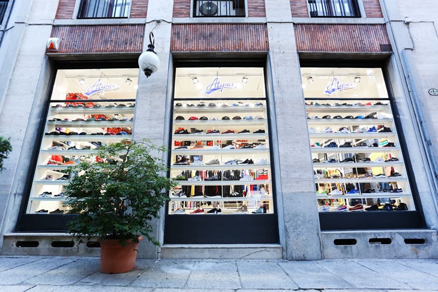 Exterior of the Atipici Shop Novara streetwear clothing, sneakers and accessories store in Corso Cavour 6C