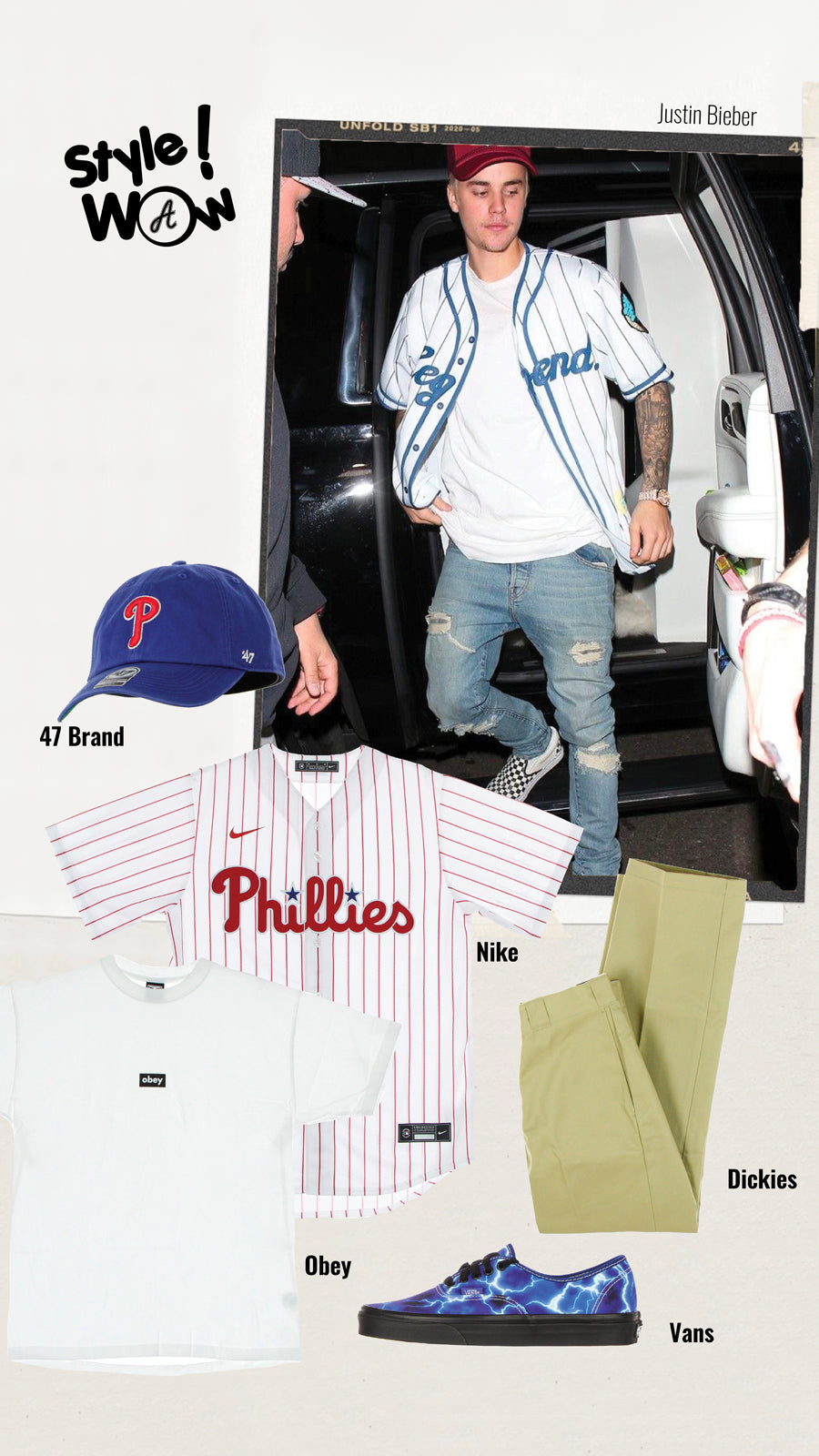 Street outfit inspired by the style of Justin Bieber wearing an MLB jersey, consisting of a Phillies Nike MLB buttoned jacket, coordinated blue 47 Brand curved visor hat and red Phillies logo in velvet, white Obrei small logo t-shirt, long beige Dickies sand trousers 874 and blue Vans low skate shoes with lightning pattern