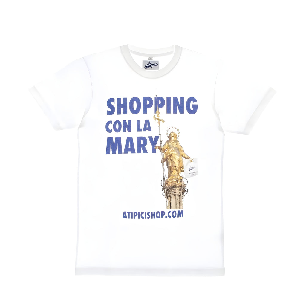 T-shirt celebrating the inauguration of Atipici Shop Milano Corso Buenos Aires 25 with Shopping graphics with the Mary with Atipici written in blue and the Madonna of Milan Cathedral depicted