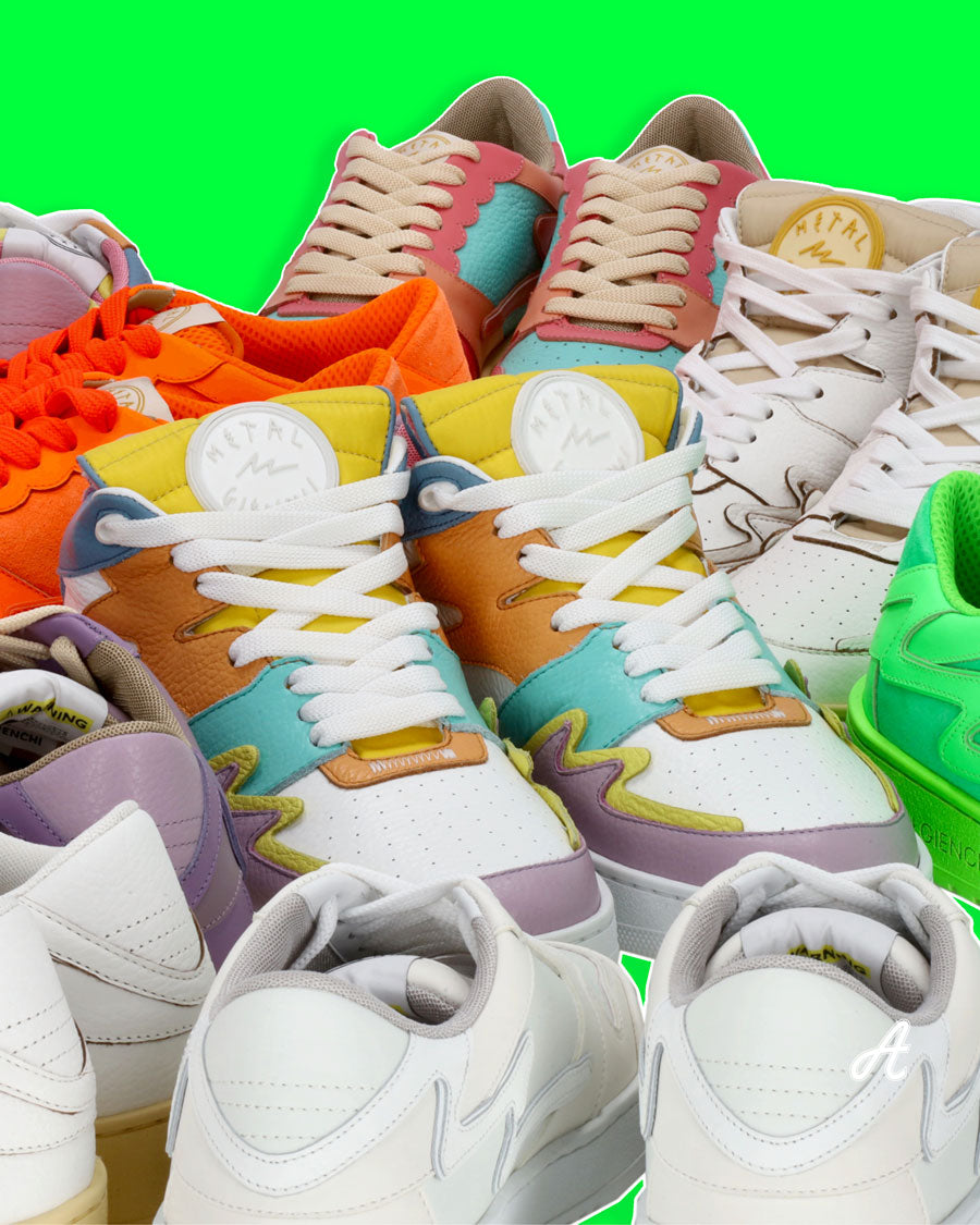 selection of low and high metal gienchi sneaker shoes in fluorescent colors and pastel colors in exaggerated mixes