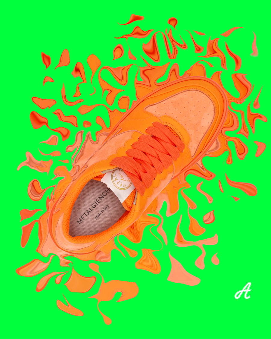 Artwork des orangefarbenen Flue-Metal-Gienchi-ICX-Faat-Low-Sneakers