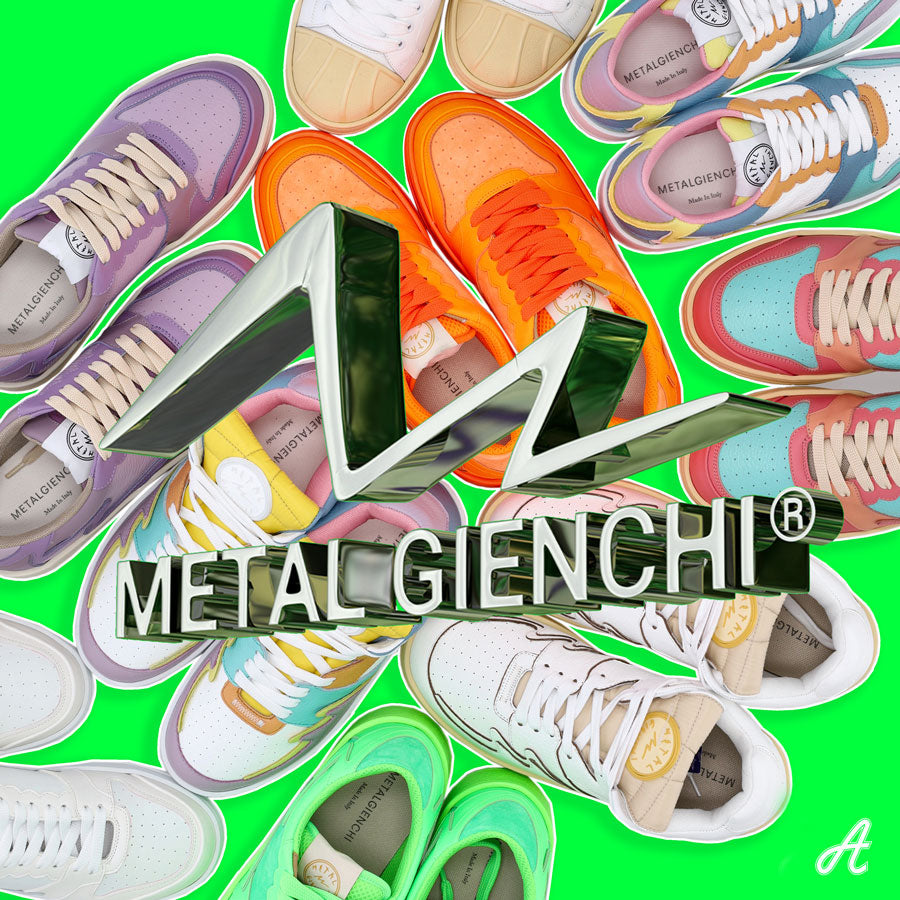 metal gienchi, brand of luxury streetwear sneakers characterized by the wavy mustache on the side and bright, fluorescent or pastel colors