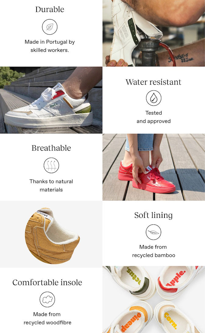 Features of Moea sneakers made from food production waste: resistant, waterproof, breathable, with soft padding and soft sole, available in as many styles as the different natural materials used