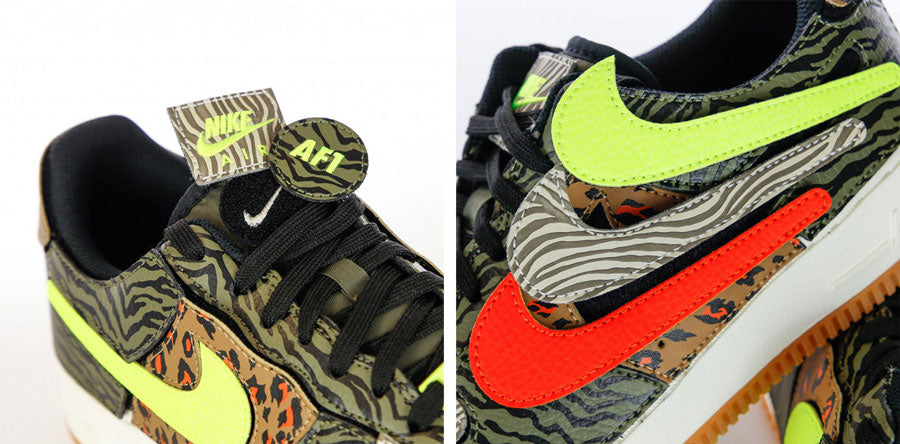 Dettagli sneakers con sistema di customizzazione in velcro Nike Air Force One of One "Animal Instinct" con inserti fantasia camouflage e colori power fluo