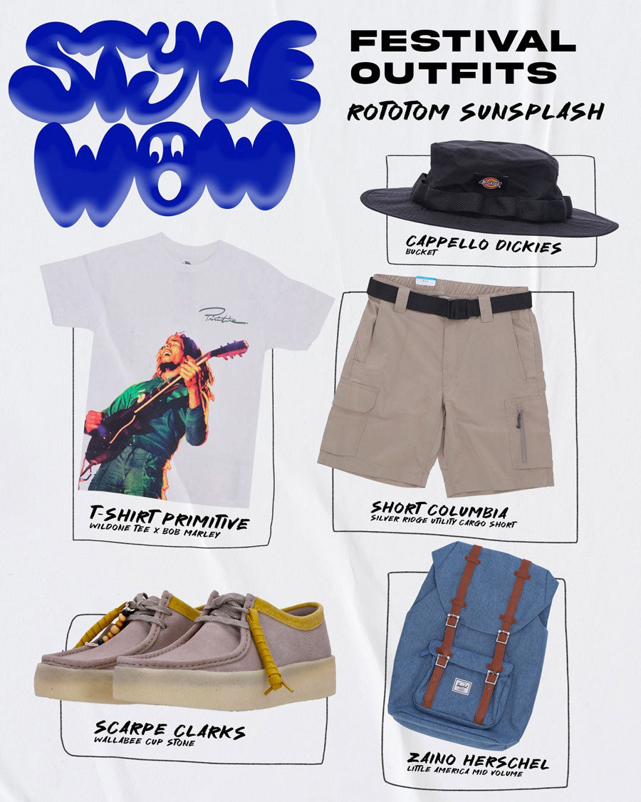 outfit for men inspired by the Rototom Sunspash reggae festival with Bob Marley t-shirt, Columbia cargo shorts, Dickies wide-brimmed hat and lilac and yellow Clarks Wallabee Cup flat shoes