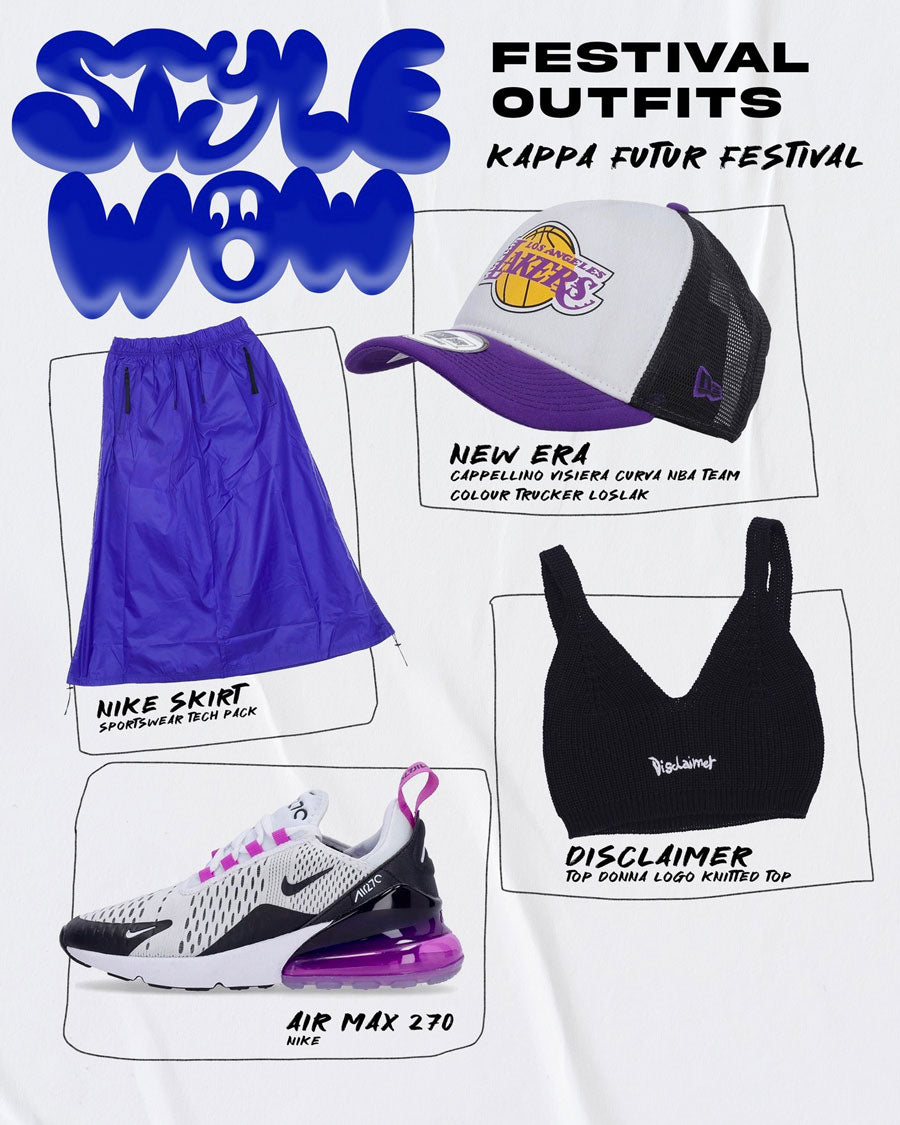 outfit per donna ispirato al kappa futur festival con top disclaimer, gonna media lunghezza viola nike, cappellino visiera curva la lakers e snekaers basse nike air max 270