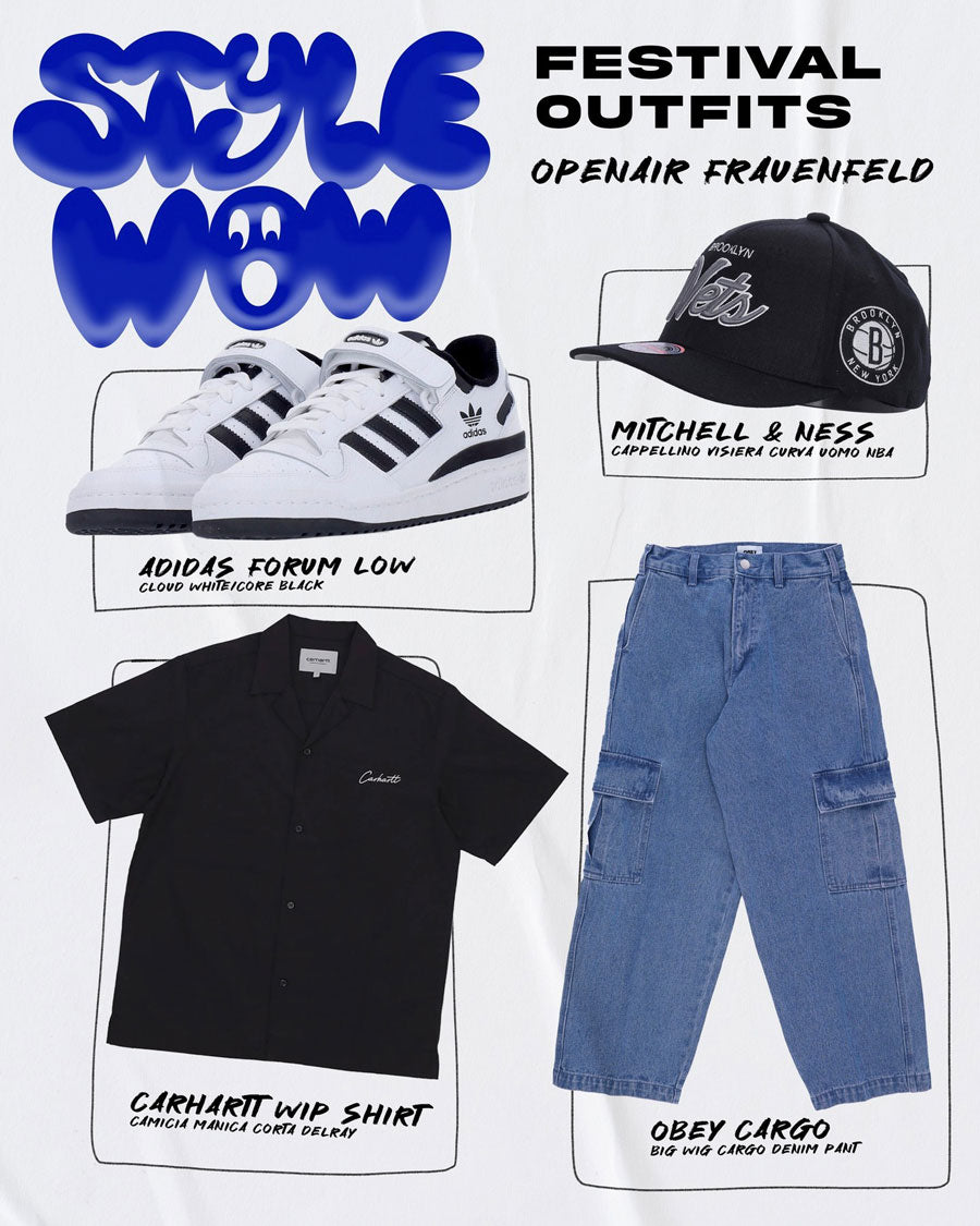 Outfit ispirato al Openair Frauenfeld con sneakers bianche e nere adidas forum, cappellino visiera curva dei new york brooklyn, camicia manica corta Carhartt, pantalone denim oversized cargo obey