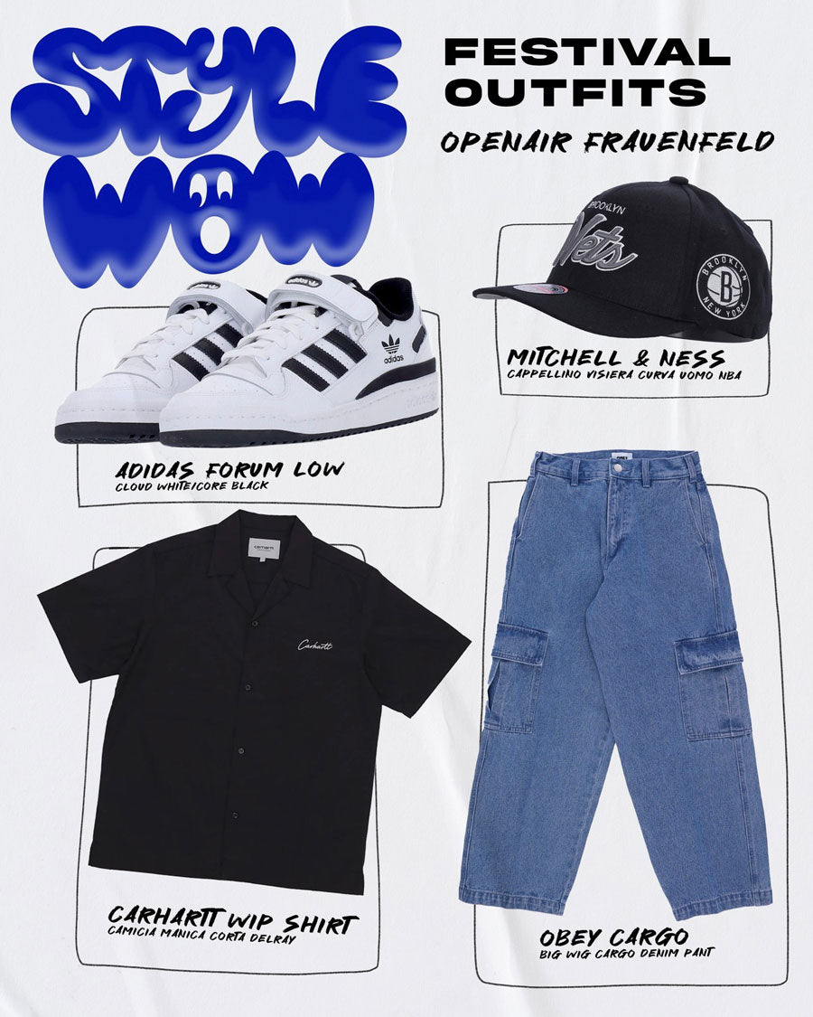 Outfit inspired by the Openair Frauenfeld with black and white adidas forum sneakers, New York Brooklyn curved visor cap, Carhartt short sleeve shirt, Obey oversized cargo denim trousers
