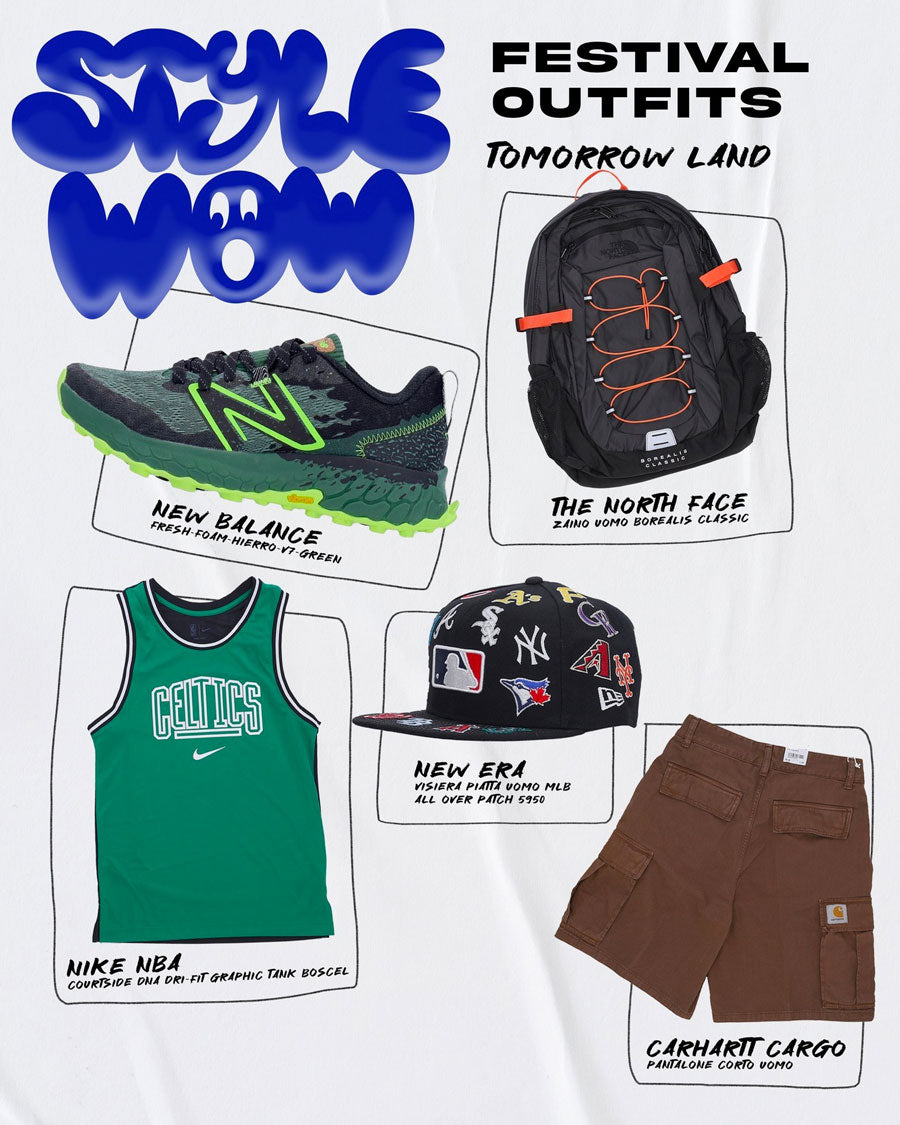 Outfit inspired by the Tomorrowland festival in electronic pop style with green Boston Celtics jersey tank top, brown Carhartt Wip cargo shorts, green New Balance Fresh Foam Hierro V7 low outdoor sneakers with Vibram sole and black and orange The North Face Borealis backpack