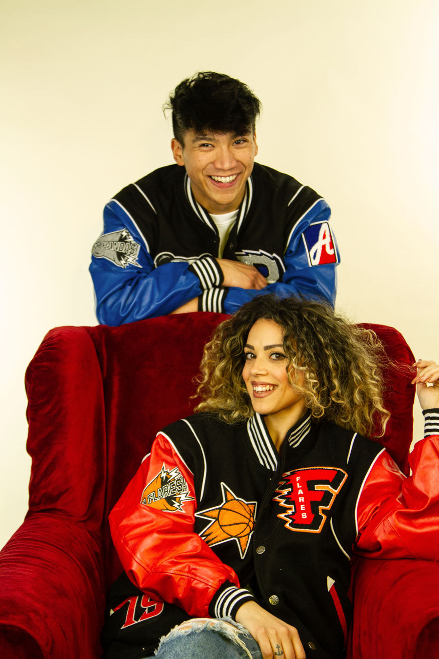 mvp varsity jackets, college style streetwear clothing for men and women with colors, details and patches of the two teams of atypical pandas and the playoffs flares