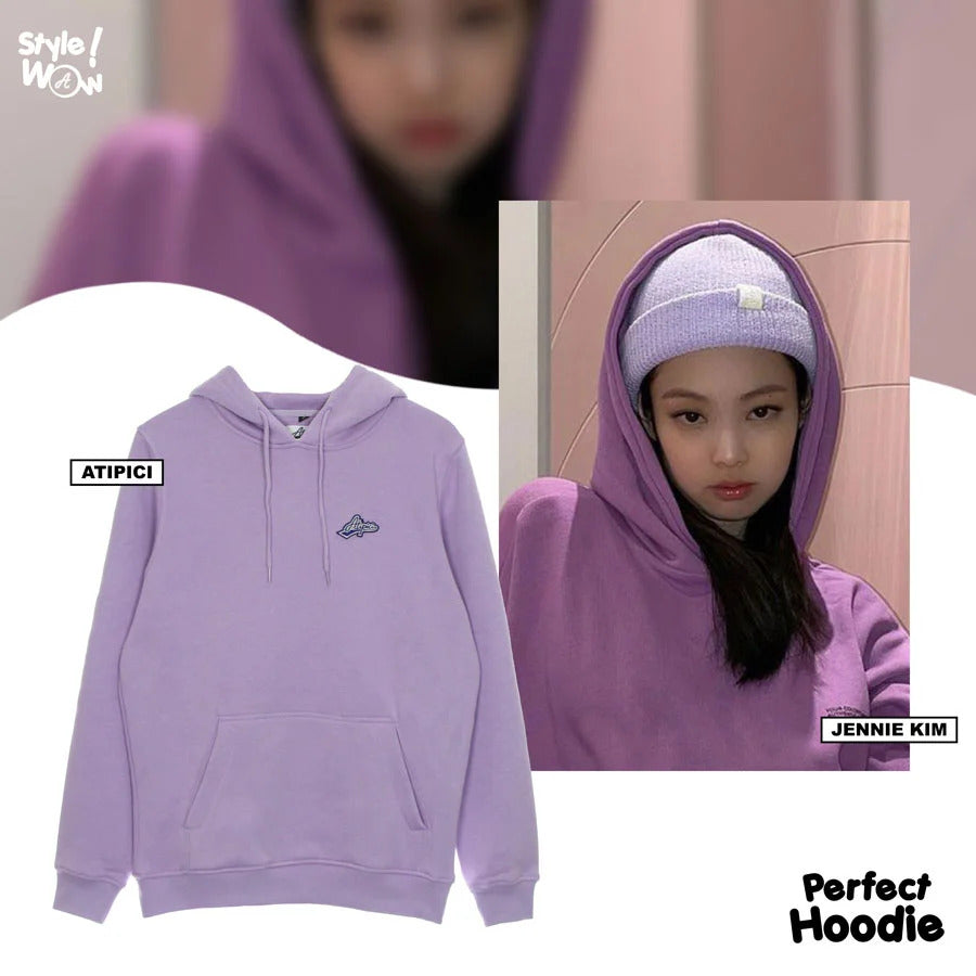 Lilac streetwear style hooded sweatshirt with Atipici logo embroidered on the chest, perfect for color block outfits