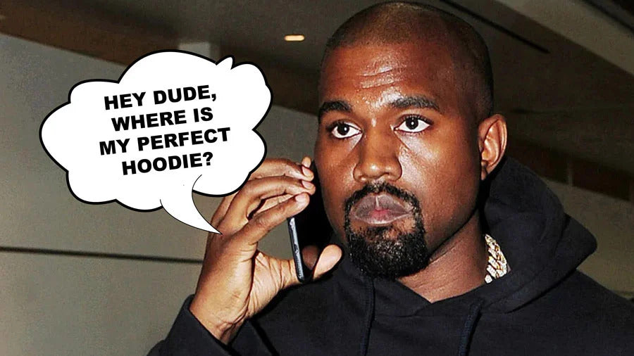 Meme di Kanye West Ye al telefono che chiede "Hey dude, where is my perfect hoodie?"