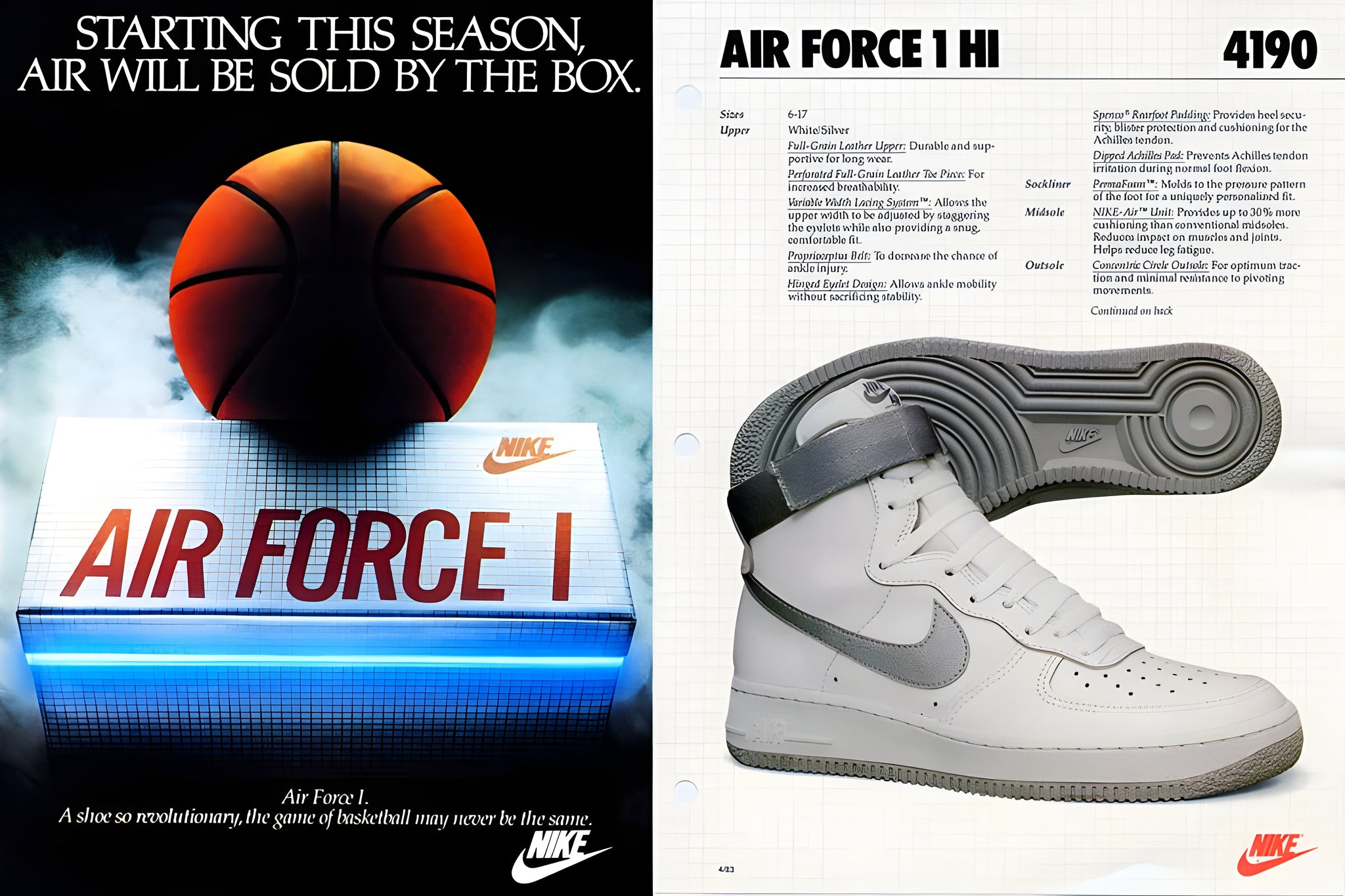 poster with adv and product image of the first model of the Nike Air Force 1 Hi sneaker