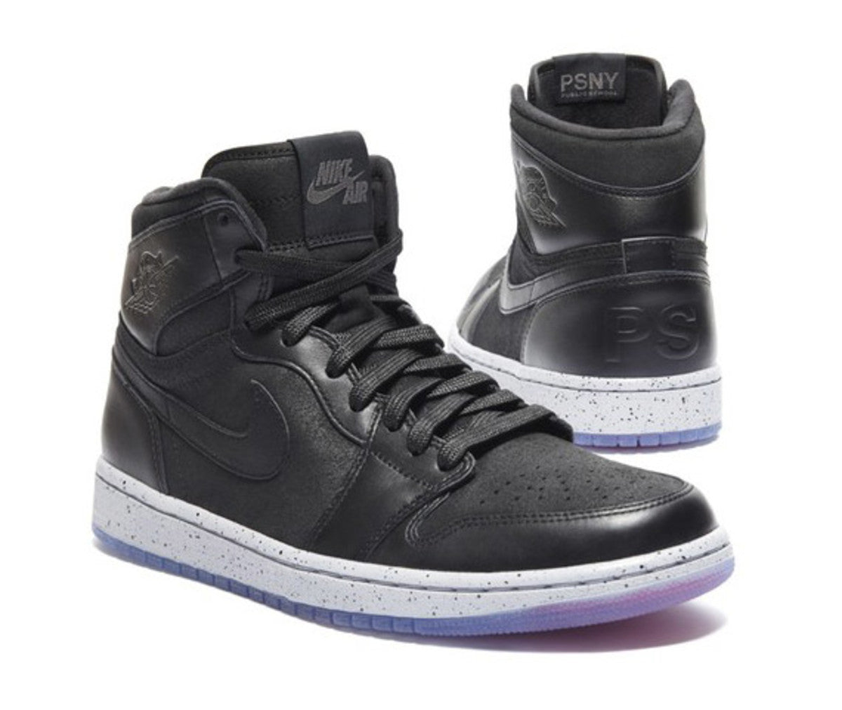 Pair of Air Jordan 1 x Public Schools total black colorway sneakers, white sole, icy blue outer sole