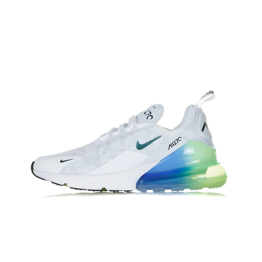 Nike Air Max 270 in white colorway, with blue green heel insert. The Air unit of this sneaker is visible on the heel with an amplitude of 270 degrees, from which it takes its name