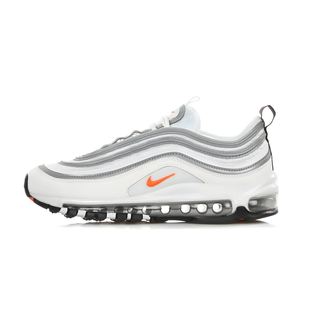 Nike Air Max 97, with cushioning system visible along the entire length of the sole. The upper features stitching that creates horizontal sections, inspired by the refraction of waves in a body of water