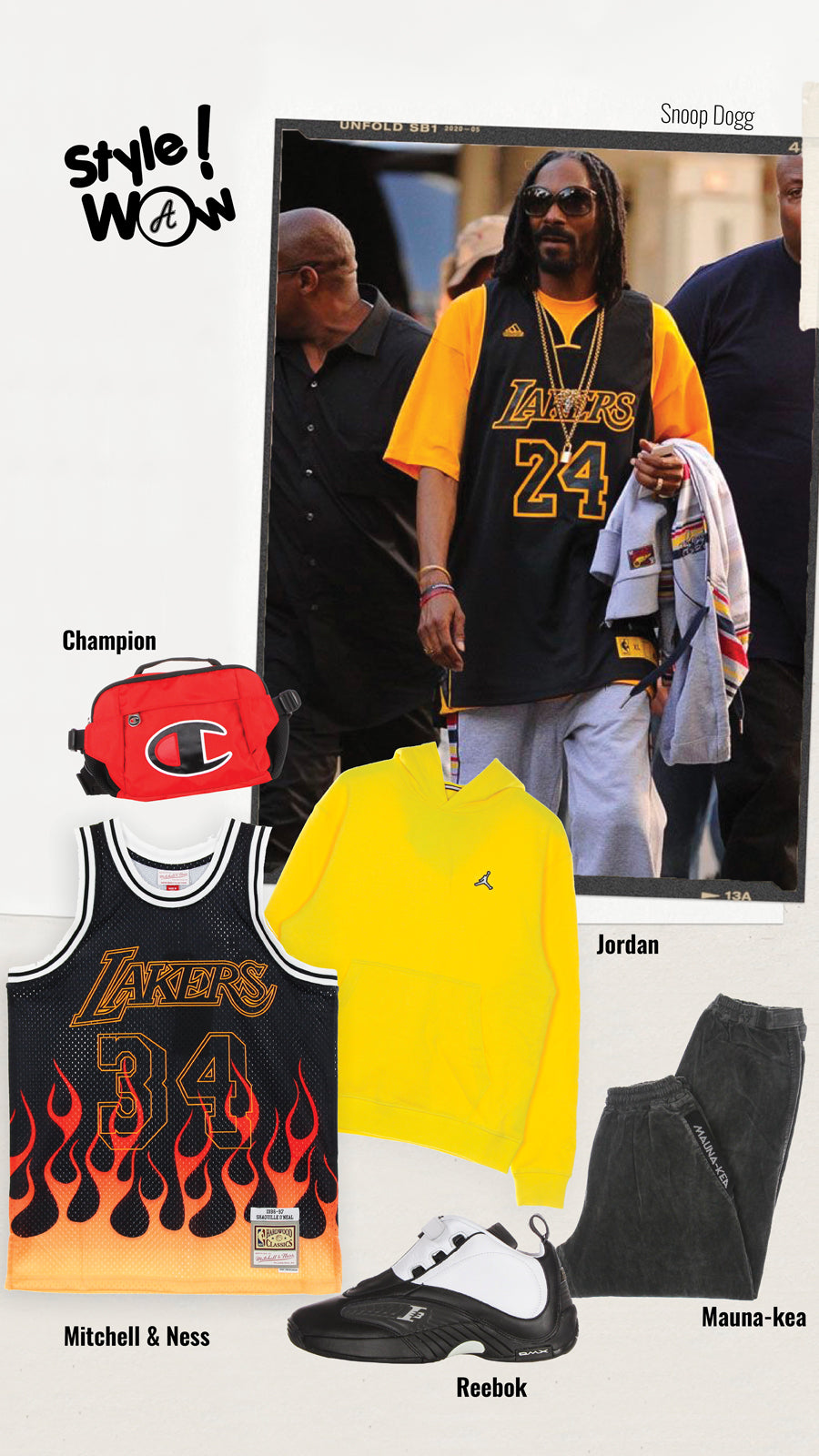 Outfit street inspirato allo stile di Snoop Dogg che indossa jersey NBA dei Lakers composto da canotta da gioco Mitchell & Ness di Shaquille O'Neal con fiamme, felpa gialla Jordan, pantaloni di tuta grigi Mauna-Kea, scarpe da basketball sneakers Reebok Answer IV di Allen Iverson