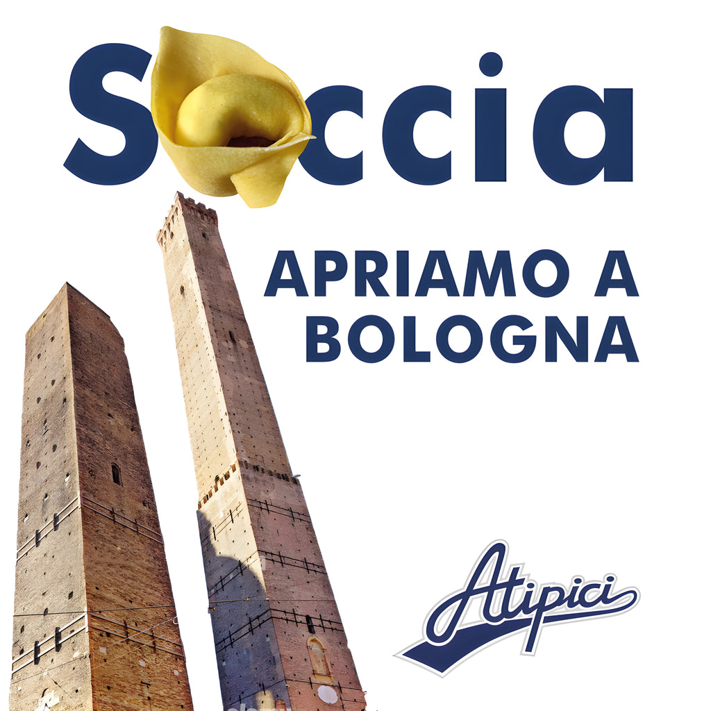 graphics dedicated to the inauguration of Atipici Shop Bologna which pays homage to iconic elements of the city such as the tortellino and the donkey towers