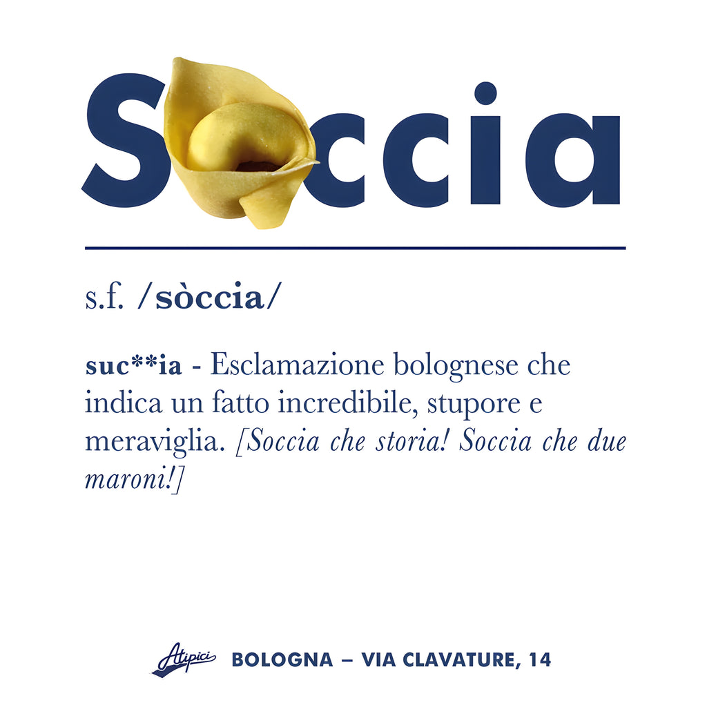 Bedeutung von „Soccia“ im Bologneser Dialekt mit Grafiken des ikonischen Elements der Stadt, des romagnolischen Tortellino